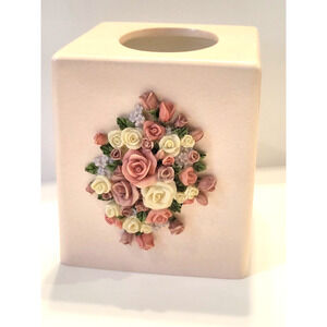 Vintage Tissue Box Cover Hand Painted 3D Raised Roses Floral Pink Cottagecore